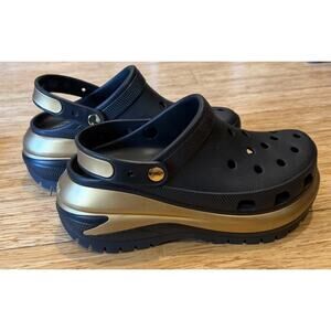 Crocs Classic Mega Crush Platform Shoes Men's 9/ Women's 11 Black & Gold Chunky